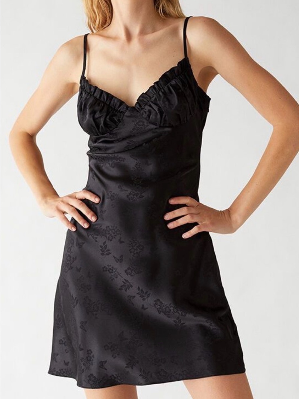 PacSun L.A. Hearts Ruched Bustier Slip Dress Black Satin Ruffles Small Going Out